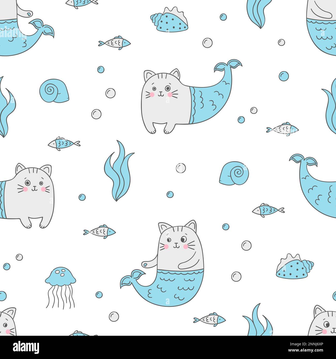 Cute cat mermaid seamless pattern. Vector marine background Stock ...