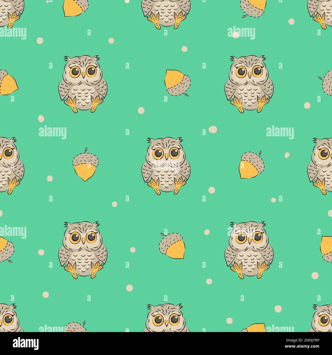 Seamless pattern with cute baby owls and acorns. Vector kids background ...