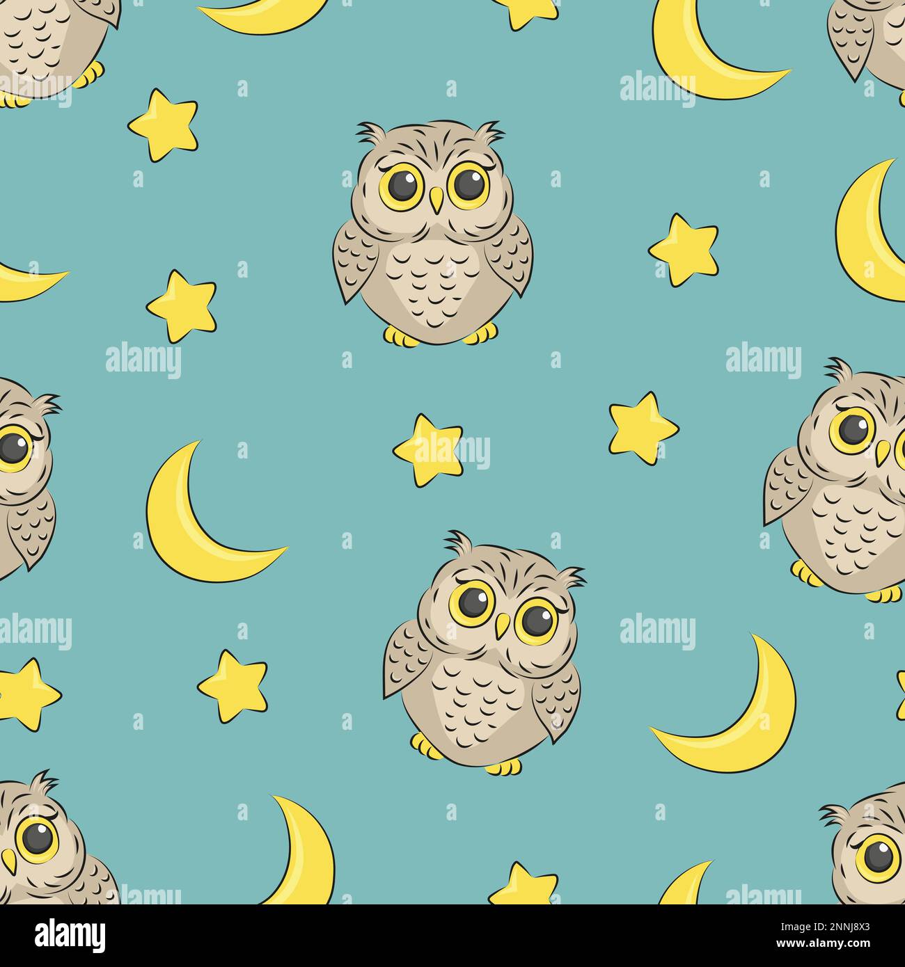 Seamless night pattern with cute owls, stars and moon. Vector good ...
