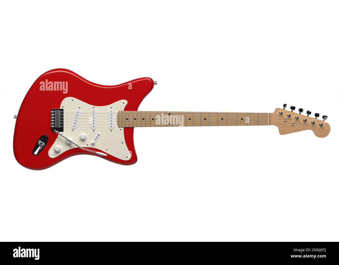 Red electric guitar with six string wooden body and fretboard isolated