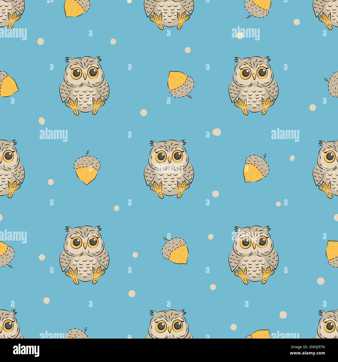 Cute baby owls and acorns seamless pattern. Vector background for kids ...