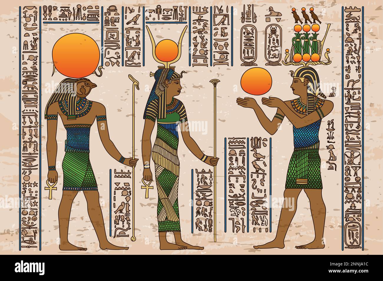 Ancient Egyptian painting on the walls of the pyramids with figures of