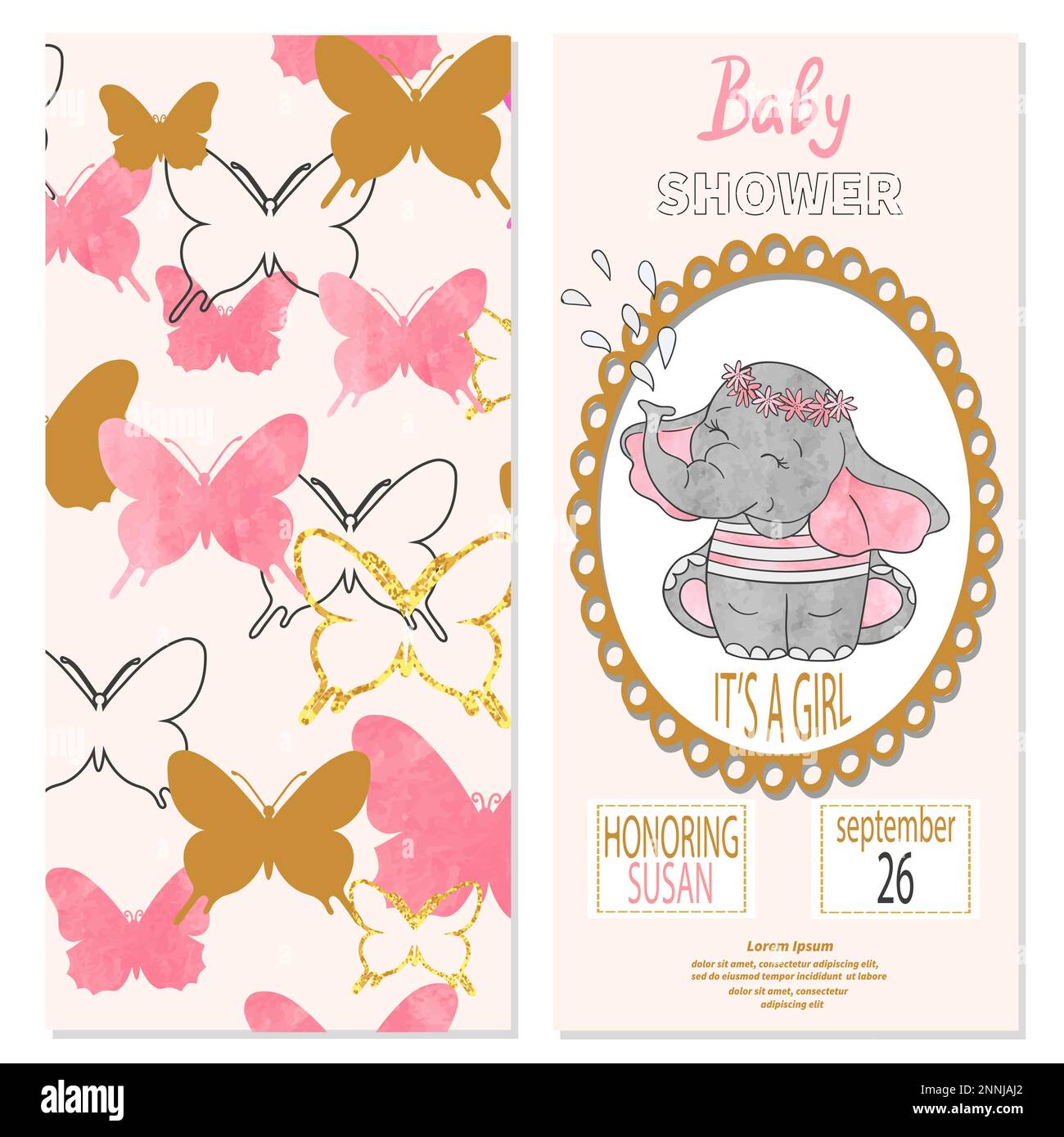 Baby shower girl. Vector invitation card design with butterflies and