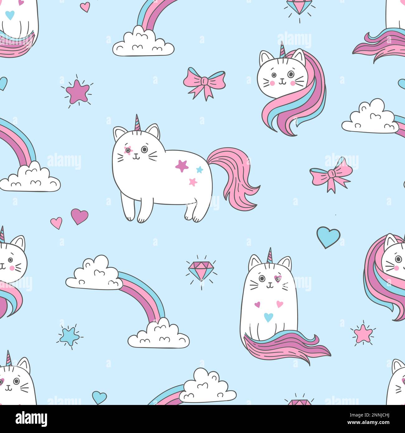 Seamless cats unicorns pattern. Vector background for kids design. Stock Vector