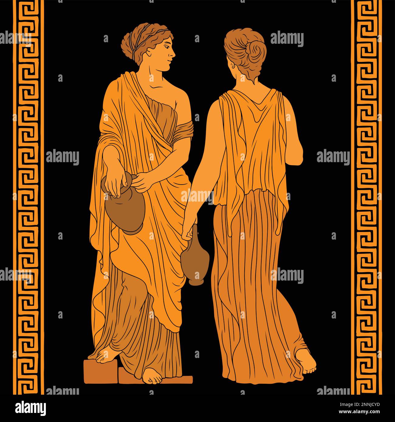 Two young slender ancient Greek women in tunic with a jugs are standing and talking. Stock Vector