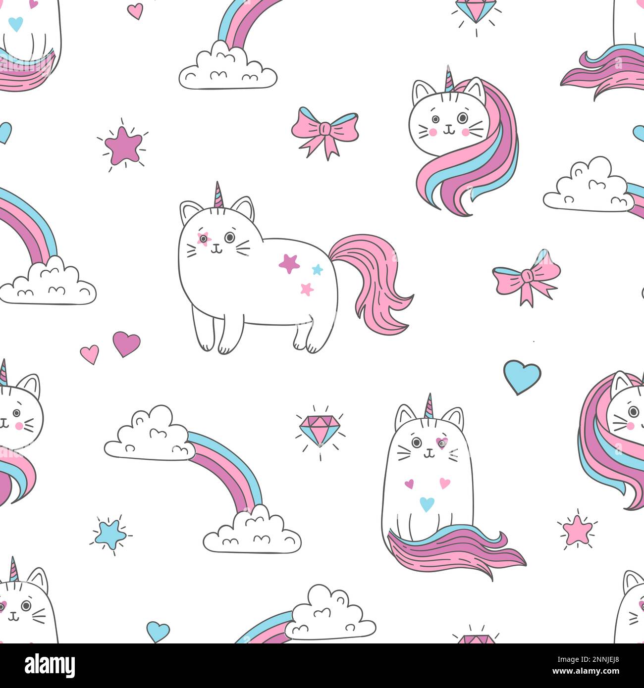 Cute cats unicorns seamless pattern. Vector background for kids design. Stock Vector
