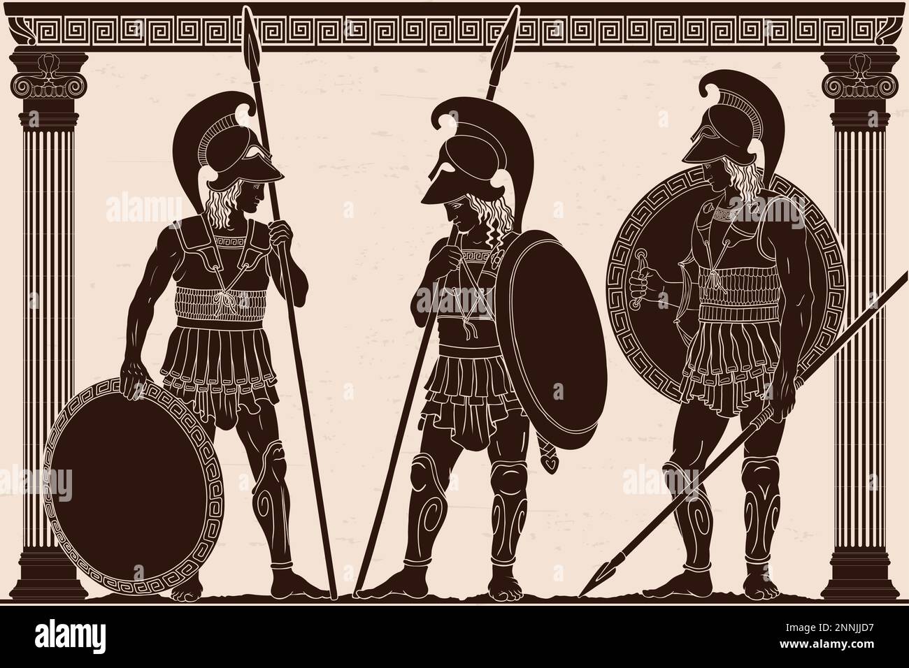 Three ancient Greek warriors with spears, shields and helmets stand in