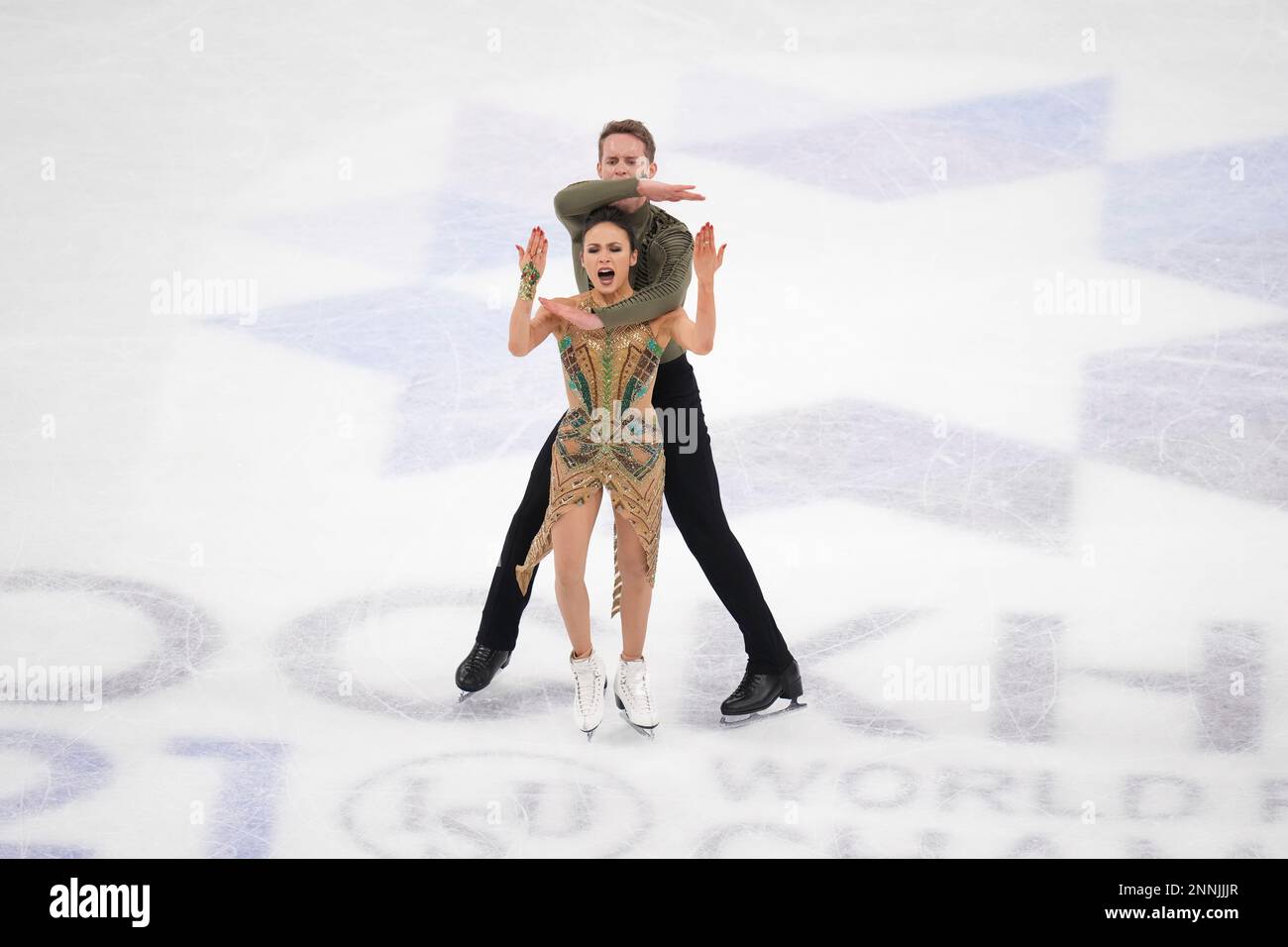 Madison Chock and Evan Bates of U.S.A. perform during Ice Dance Rhythm