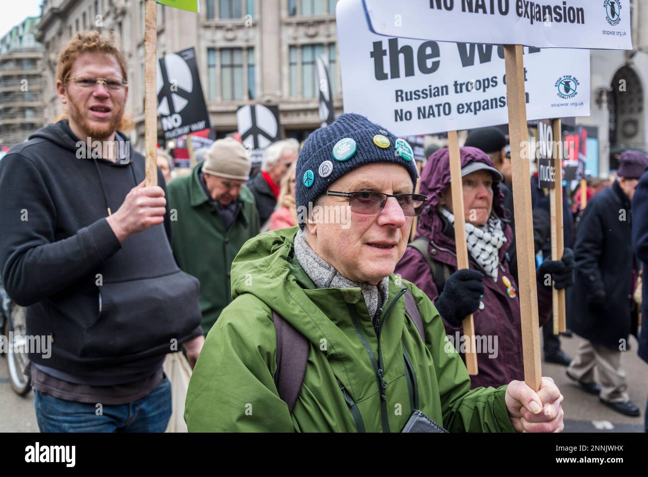 Campaign for Nuclear Disarmament (CND) and Stop the War coalition demonstration demanding the end of war in Ukraine, London, UK 25/02/2023 Stock Photo