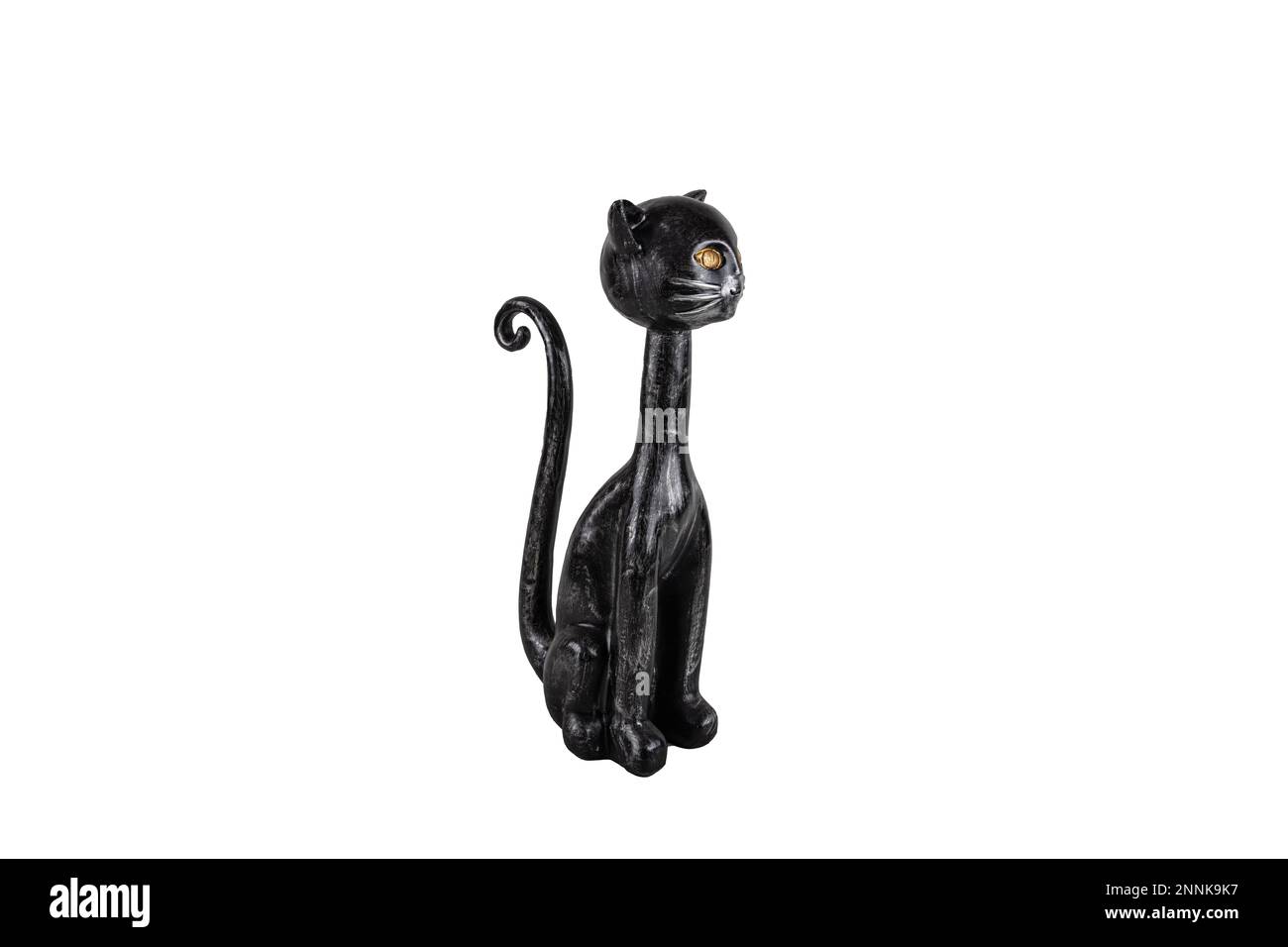 Ornamental wood cat. Wooden cat model isolated on white background. Wooden cat figurine handmade