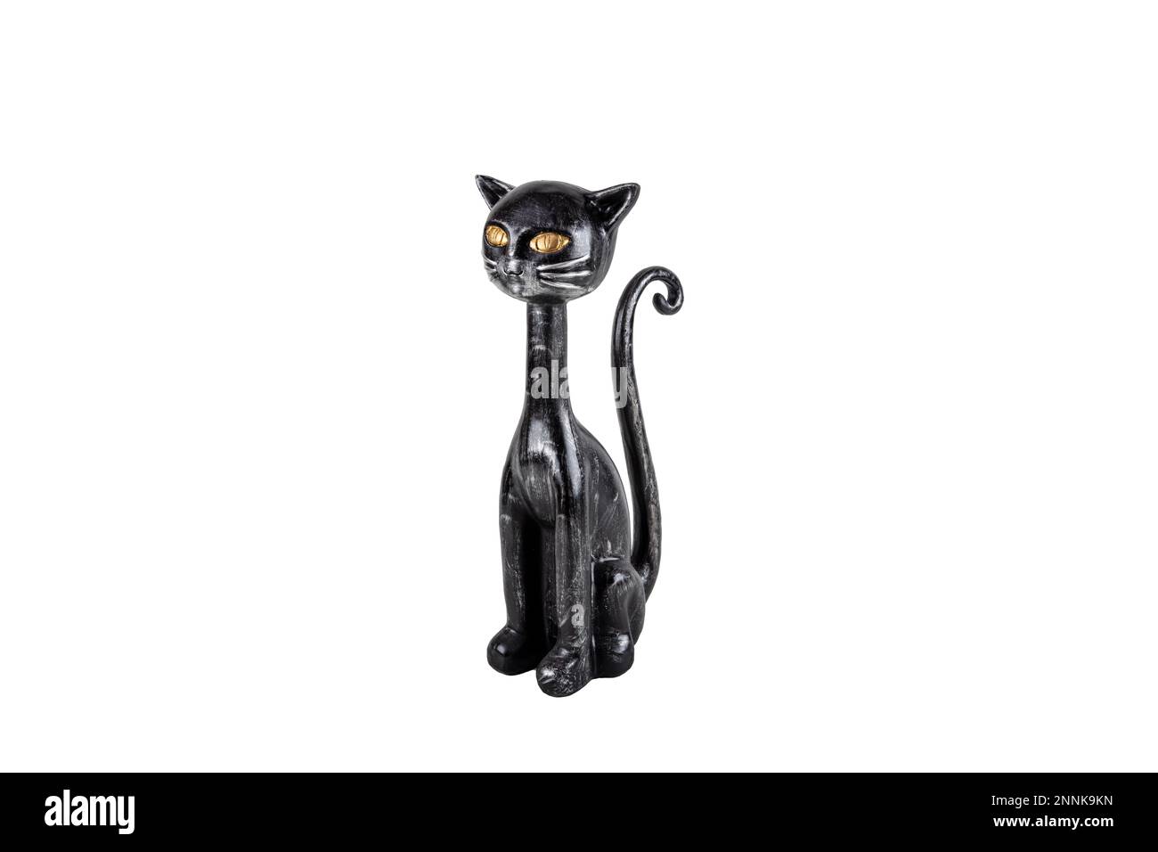 Ornamental wood cat. Wooden cat model isolated on white background. Wooden cat figurine handmade