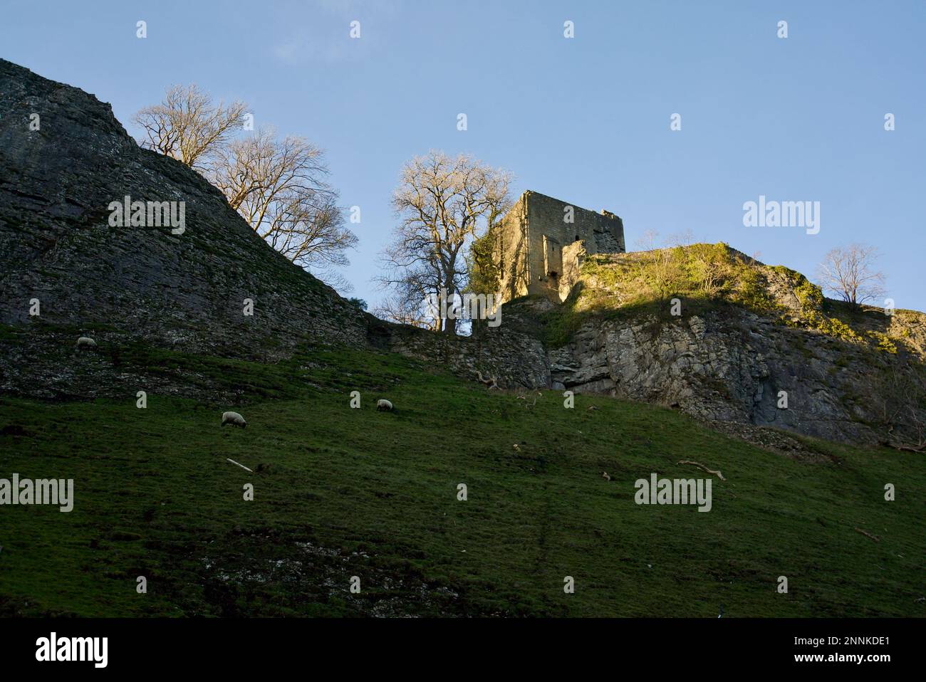 Peveril Castle in view as the sun starts to set.over Cave Dale
