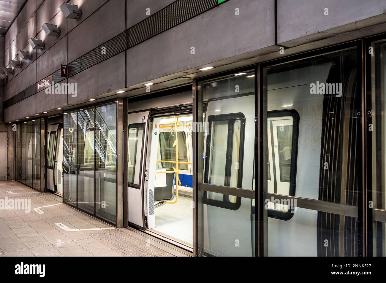 metro train with its doors open at frederiksberg station in Copenhagen, February 18, 2023 Stock Photo