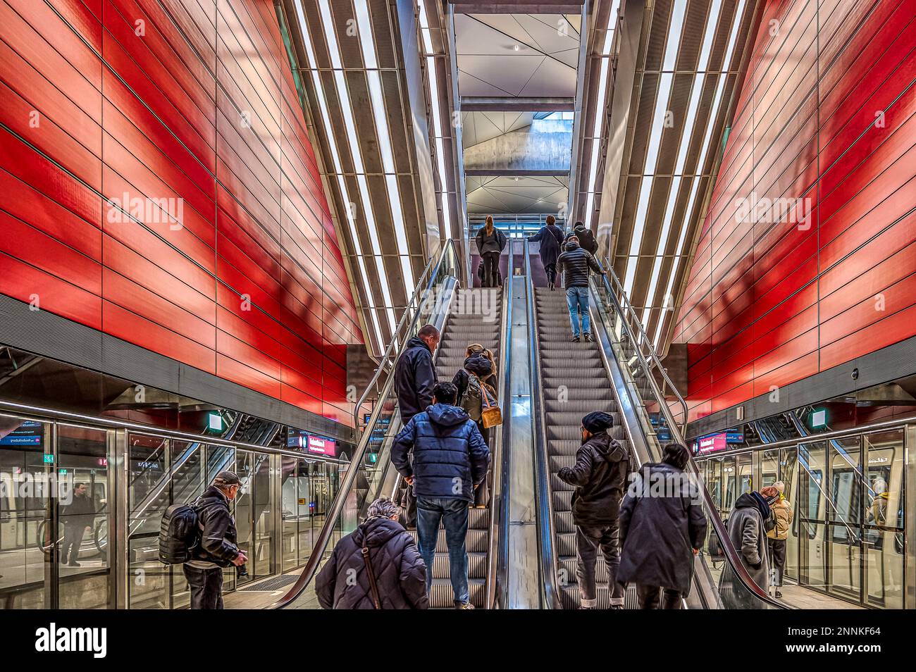 Escalators at the metro station of the City Circle Line at Nørrebro Station in Copenhagen, Februsry 18, 2023 Stock Photo