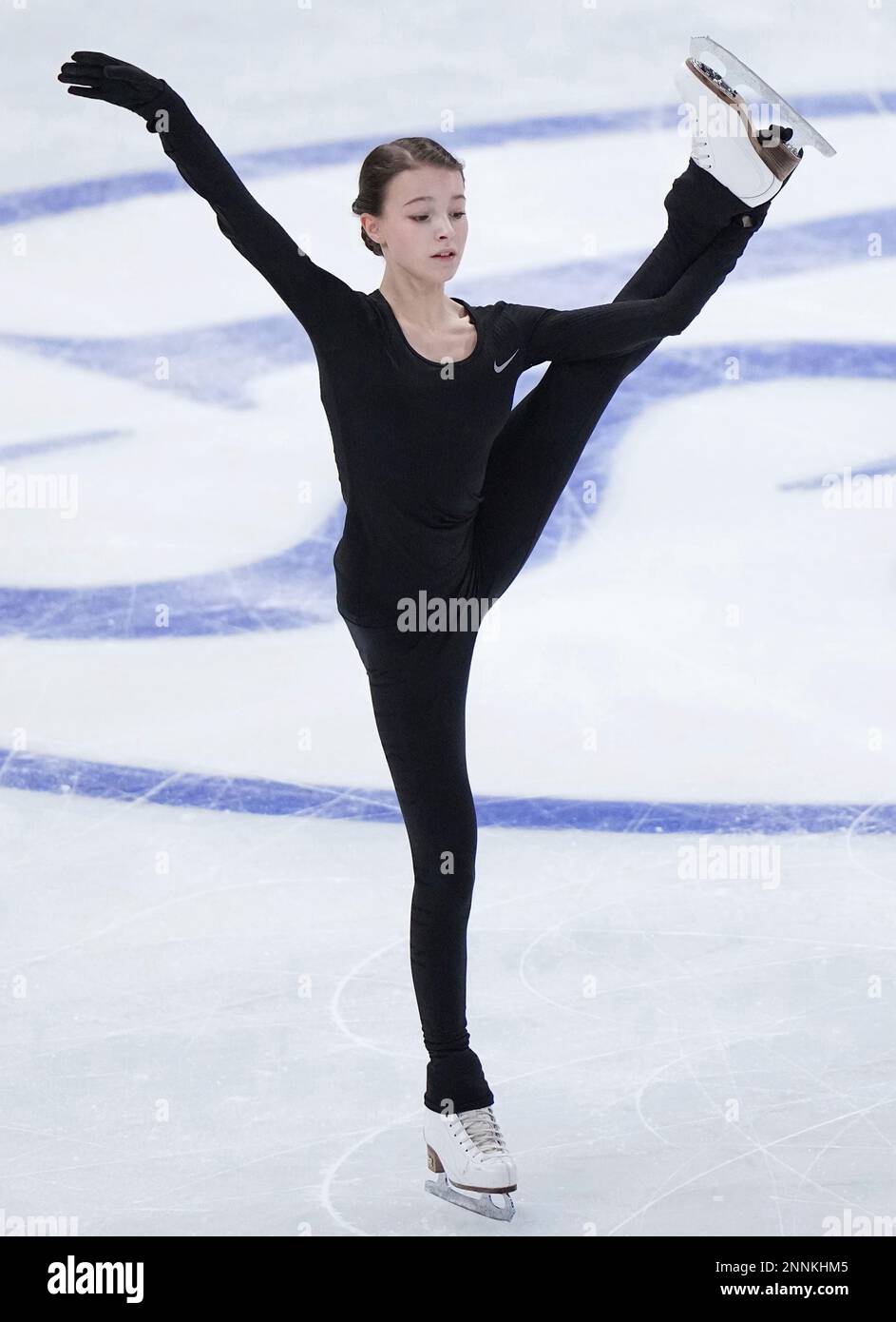 Anna Shcherbakova, a Russian figure skater, attends an official practice of the World Figure Skating Championships