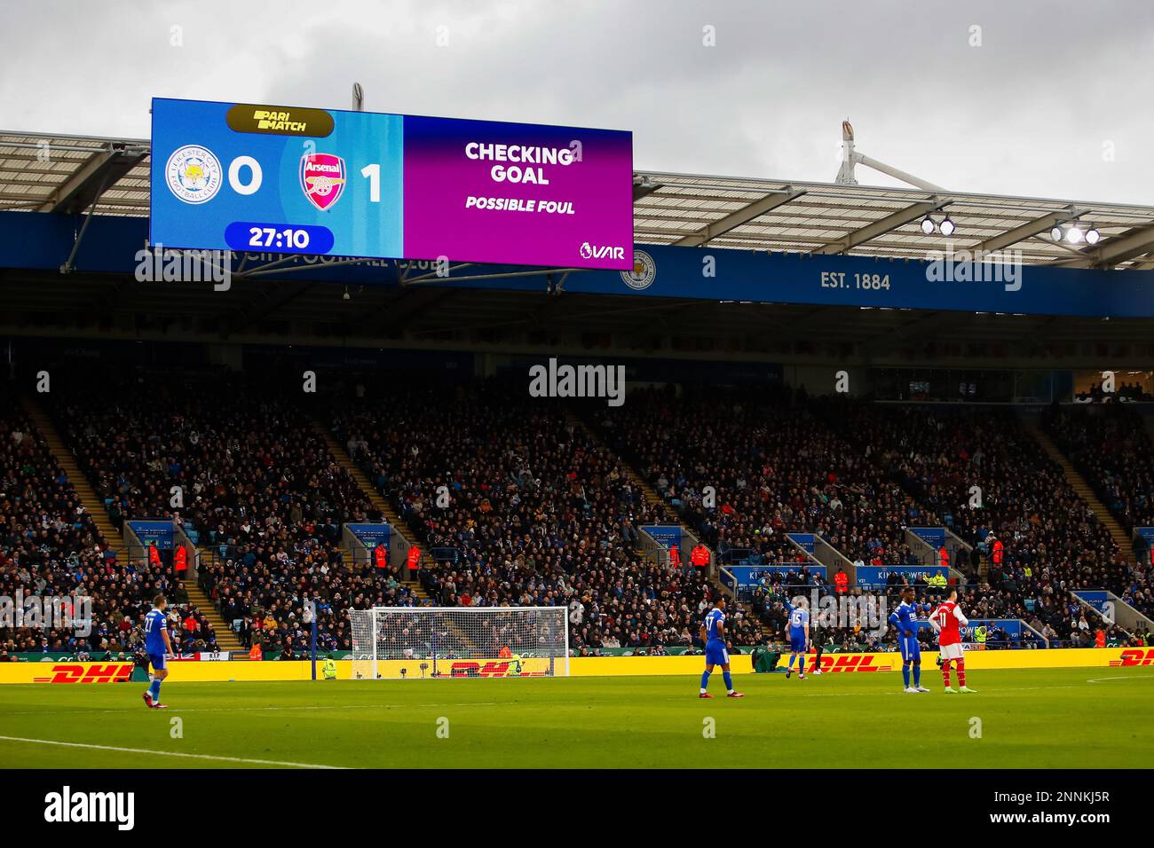 King Power Stadium, Leicester, UK. 25th Feb, 2023. Premier League Football, Leicester City versus Arsenal; The big screen tells the crowd that Leandro Trossard's disallowed goal for Arsenal is being reviewed Credit: Action Plus Sports/Alamy Live News Stock Photo