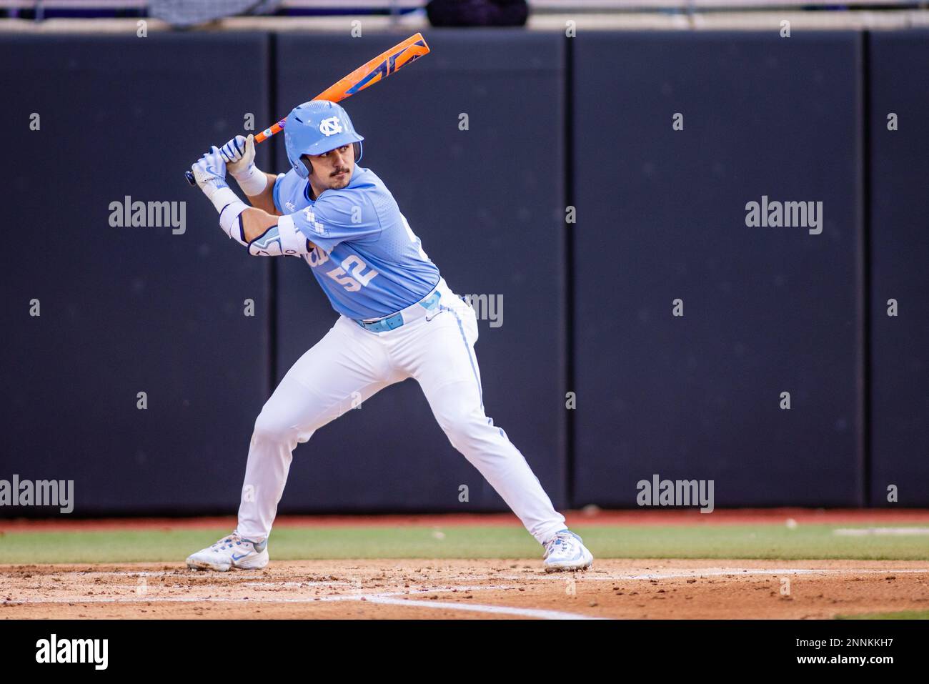 Greenville, NC, USA. 24th Feb, 2023. North Carolina Tar Heels catcher Tomas Frick (52) at bat during the second inning against the East Carolina Pirates in the NCAA Baseball matchup at Clark LeClair Stadium in Greenville, NC. (Scott Kinser). Credit: csm/Alamy Live News Stock Photo