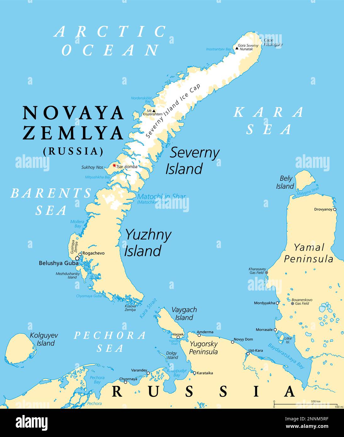 Novaya Zemlya, archipelago in northern Russia, political map. Situated in Arctic Ocean, between Barents Sea and Kara Sea. Stock Photo