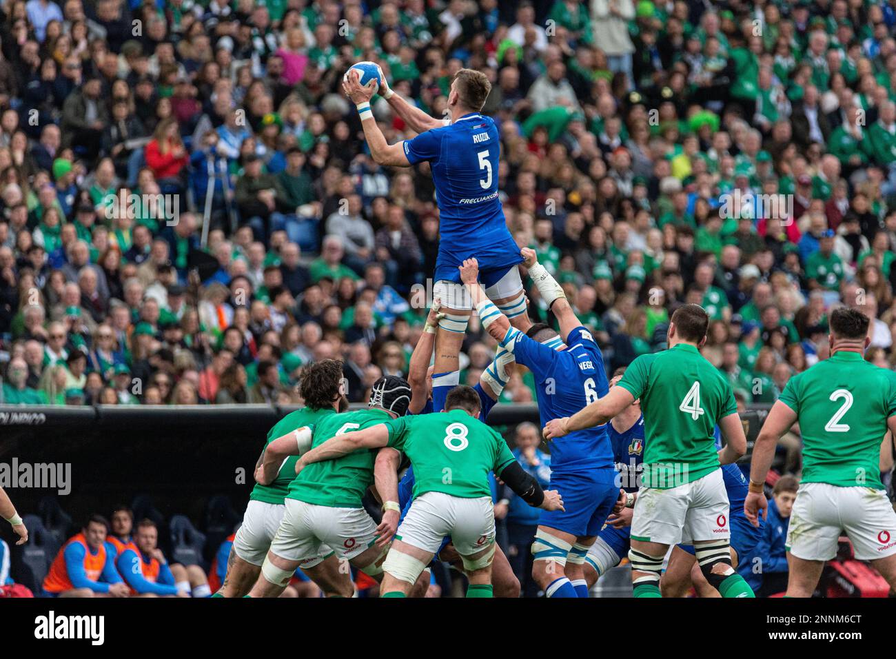 Rome, Italy. 25 Feb 2023. Federico Ruzza wins the ball in a line out during the first half. Italy vs Ireland, Six Nations Rugby. Stadio Olimpico. Rome, Italy. 25 Feb 2023. Stock Photo