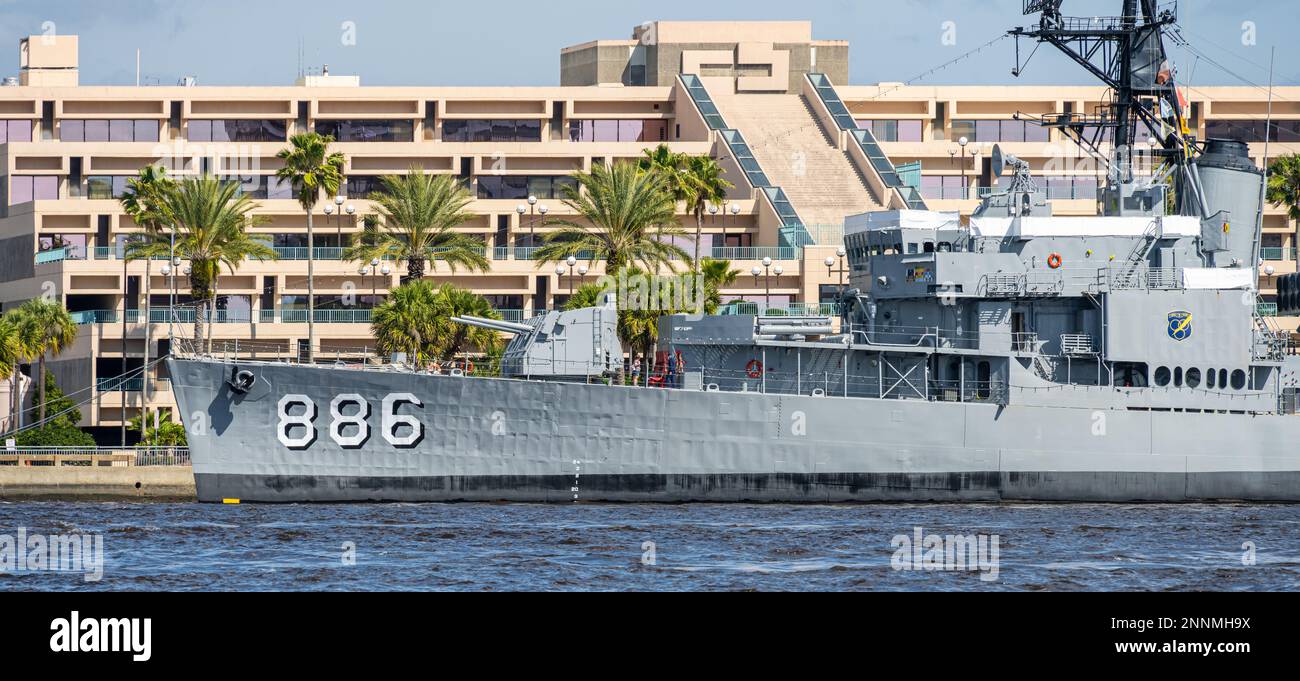 The USS Orleck DD-886, home of the Jacksonville Naval Museum, docked along the riverfront of the St. Johns River in Downtown Jacksonville, Florida. Stock Photo