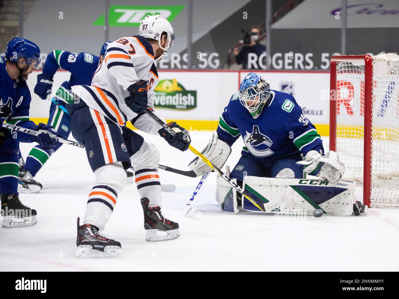 Vancouver Canucks Goalie Thatcher Demko (35) Stops Edmonton Oilers ...