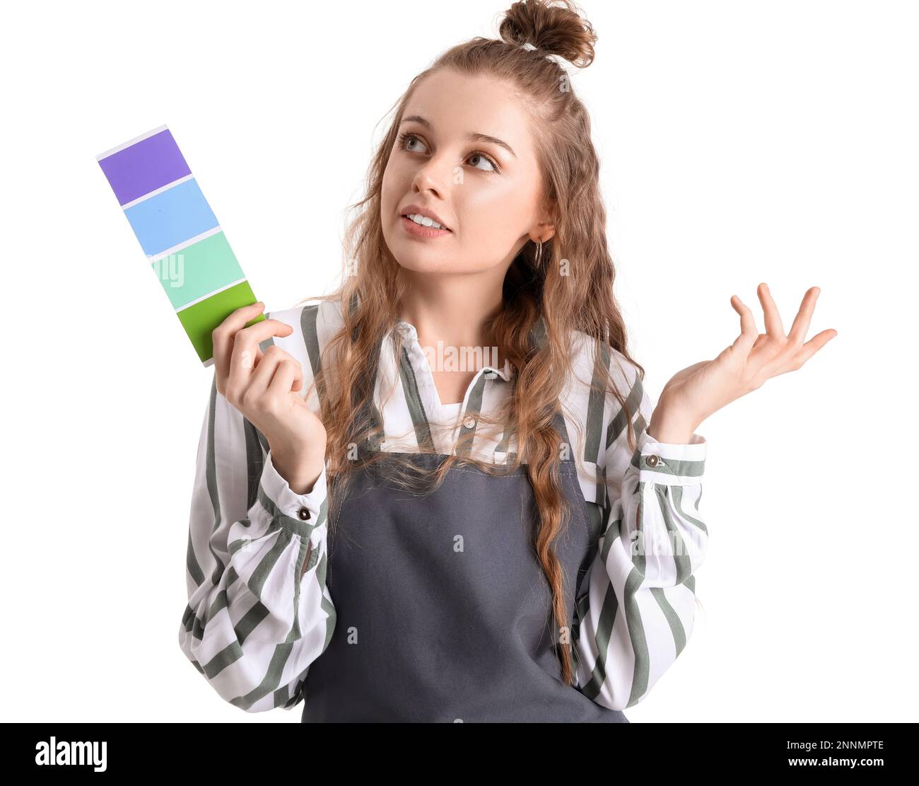 Female artist with paint color palette on white background Stock Photo ...