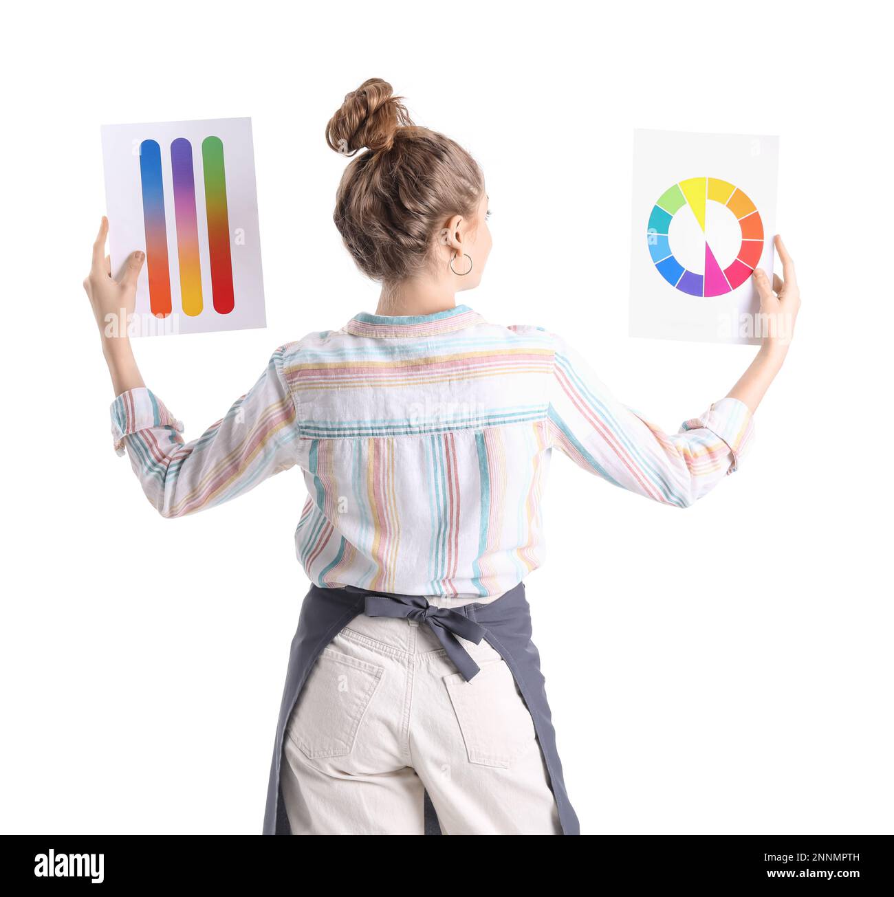 Female artist with paint color palettes on white background, back view ...