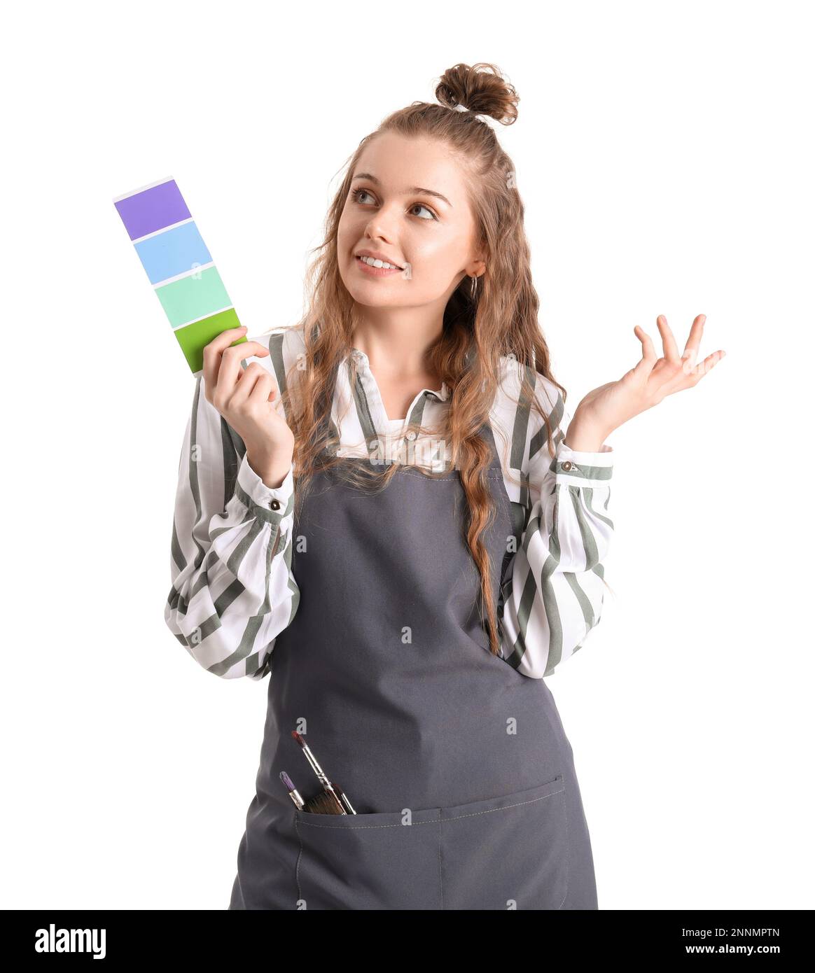 Female artist with paint color palette on white background Stock Photo ...