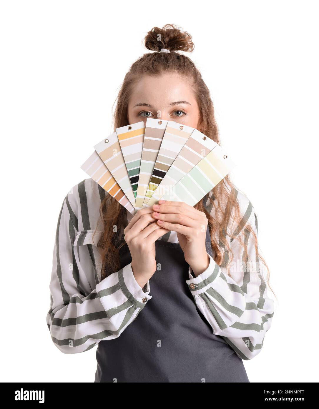 Female artist with paint color palettes on white background Stock Photo ...