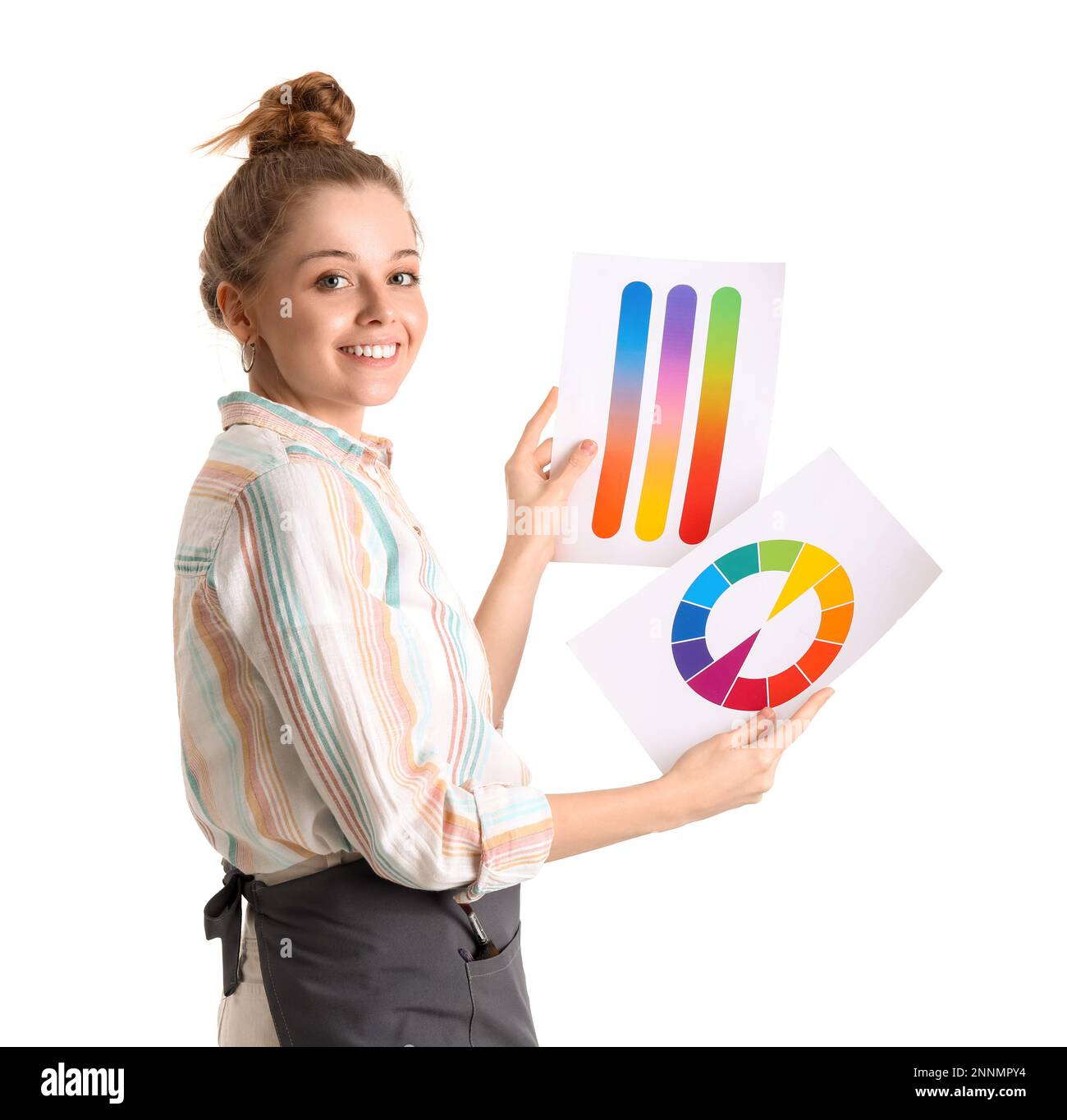 Female artist with paint color palettes on white background Stock Photo ...