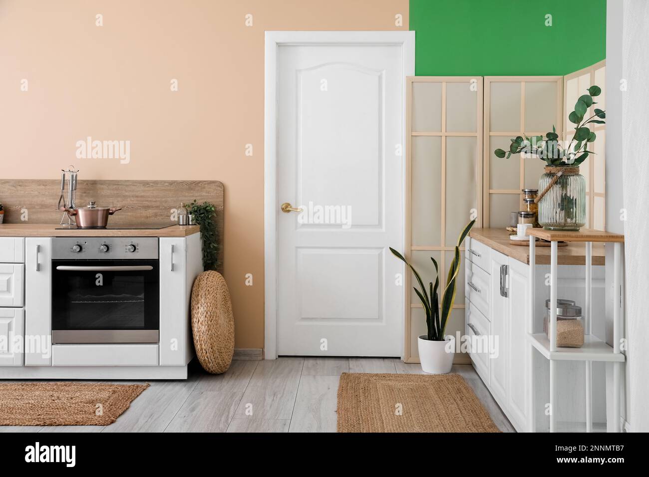 Interior of modern kitchen with white counters and electric oven Stock ...