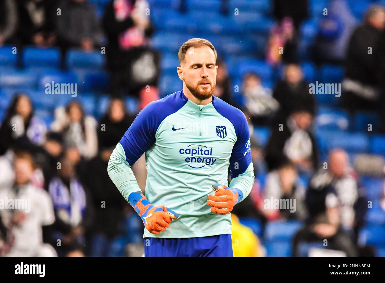MADRID, SPAIN - FEBRUARY 25: Jan Oblak of Atletico de Madrid CF in the warm up of the match between Real Madrid CF and Atletico de Madrid CF of La Liga Santander on February 25, 2022 at Santiago Bernabeu of Madrid, Spain. (Photo by Samuel Carreño/ PX Images) Stock Photo