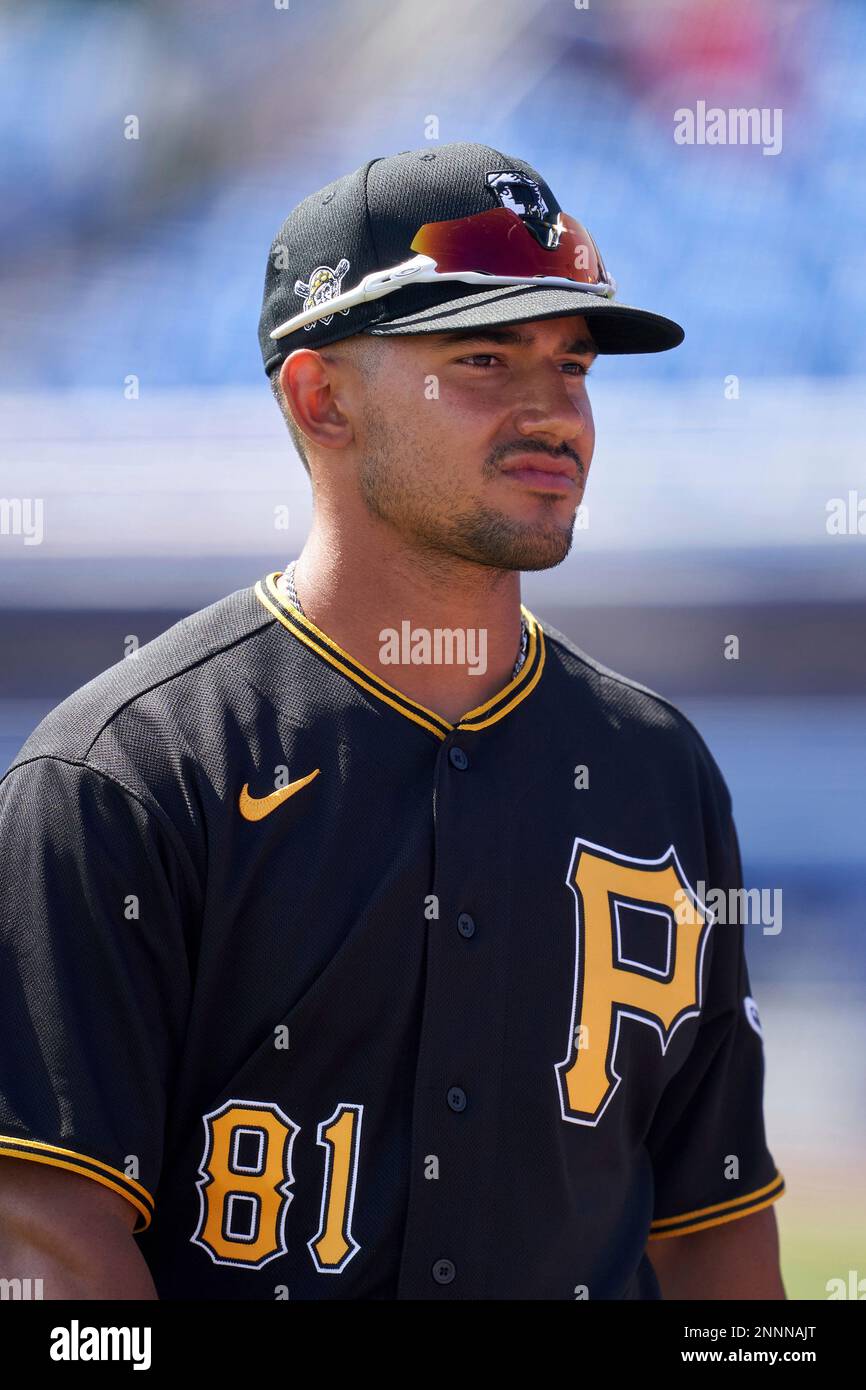 Pittsburgh Pirates Nick Gonzales (81) walks to the dugout during a Major  League Spring Training game against the Toronto Blue Jays on March 1, 2021  at TD Ballpark in Dunedin, Florida. (Mike