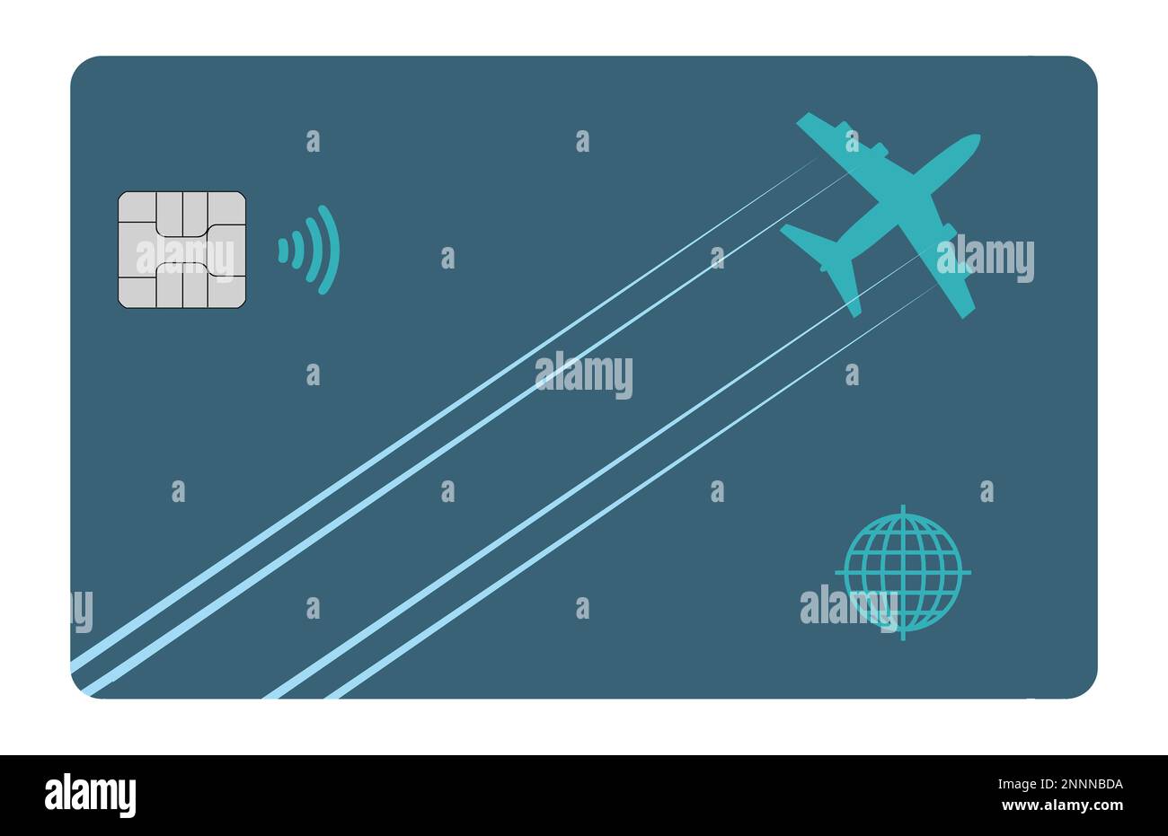 The image of an airliner leaves a contrail design across the face of an air miles reward credit card in this illustration about perks for air traveler Stock Photo