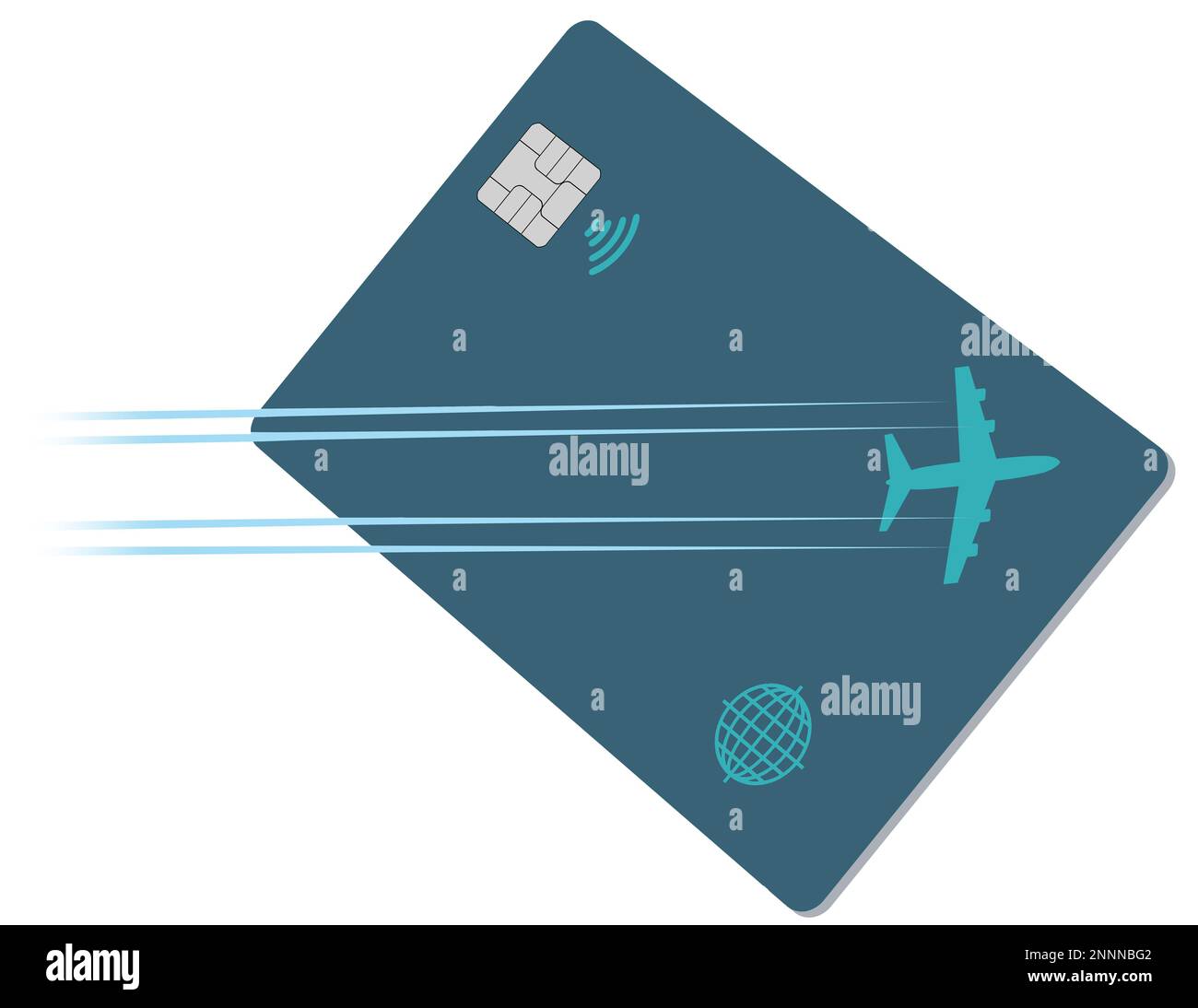 The image of an airliner leaves a contrail design across the face of an air miles reward credit card in this 3-d illustration about perks for air trav Stock Photo