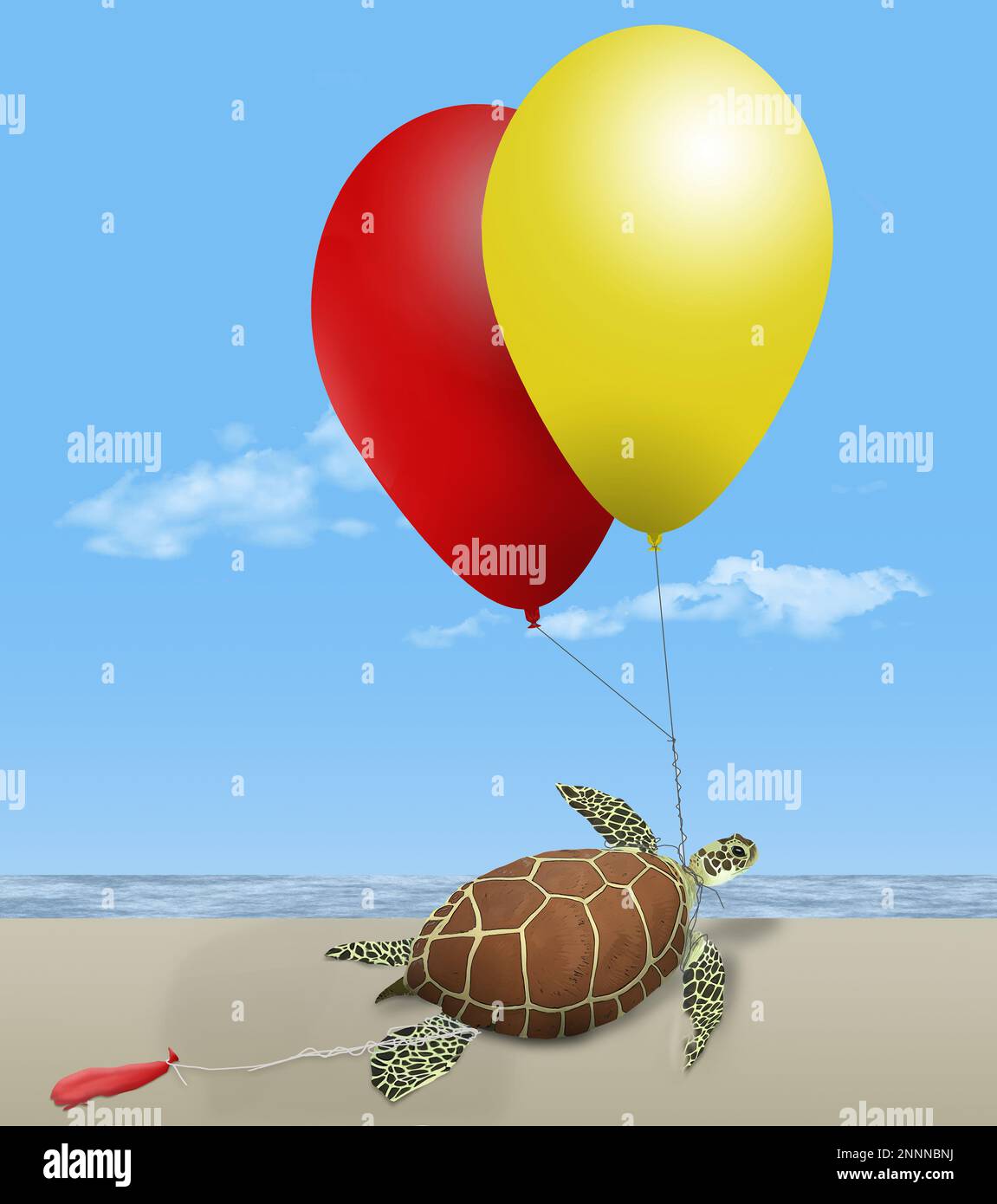 A green sea turtle on a beach by the ocean is seen tangled in helium party balloons . This is a 3-D illustration. Stock Photo