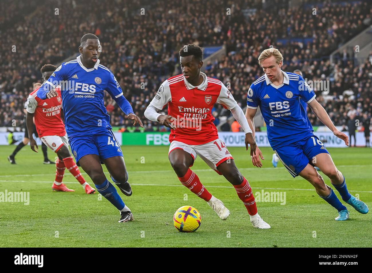 Eddie Nketiah #14 of Arsenal in action during the game during the Premier League match Leicester City vs Arsenal at King Power Stadium, Leicester, United Kingdom, 25th February 2023 (Photo by Craig Thomas/News Images) in, on 2/25/2023. (Photo by Craig Thomas/News Images/Sipa USA) Credit: Sipa USA/Alamy Live News Stock Photo