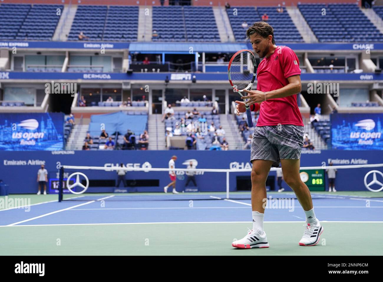 Dominic Thiem in action against Alexander Zverev during a mens singles final match at the 2020 US Open, Sunday, Sept