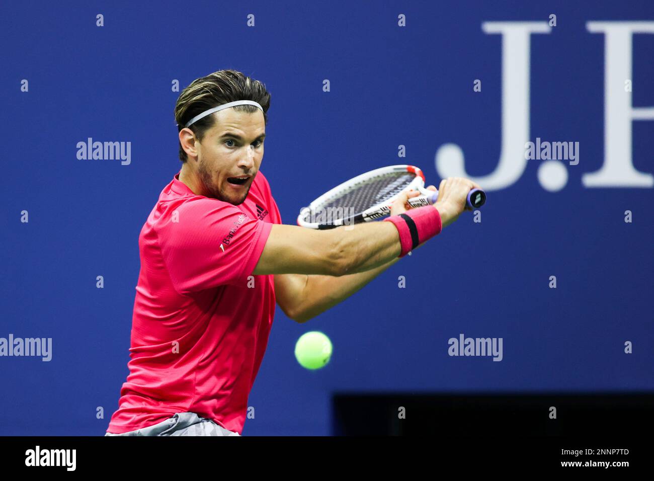 Dominic Thiem in action against Daniil Medvedev during a mens singles Semifinal match at the 2020 US Open, Friday, Sept