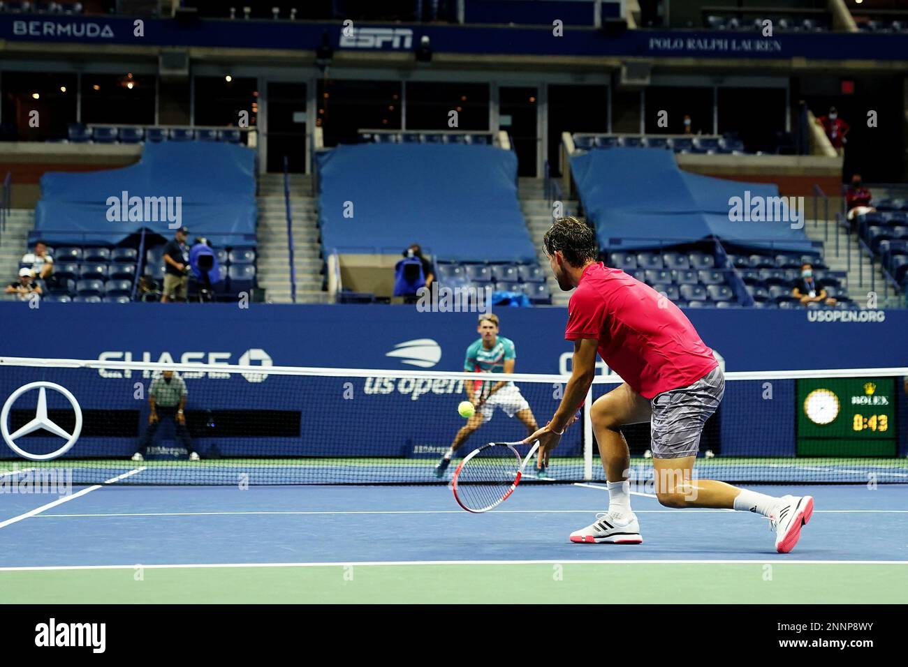 Dominic Thiem in action against Alex de Minaur during a mens singles match at the 2020 US Open, Wednesday, Sept
