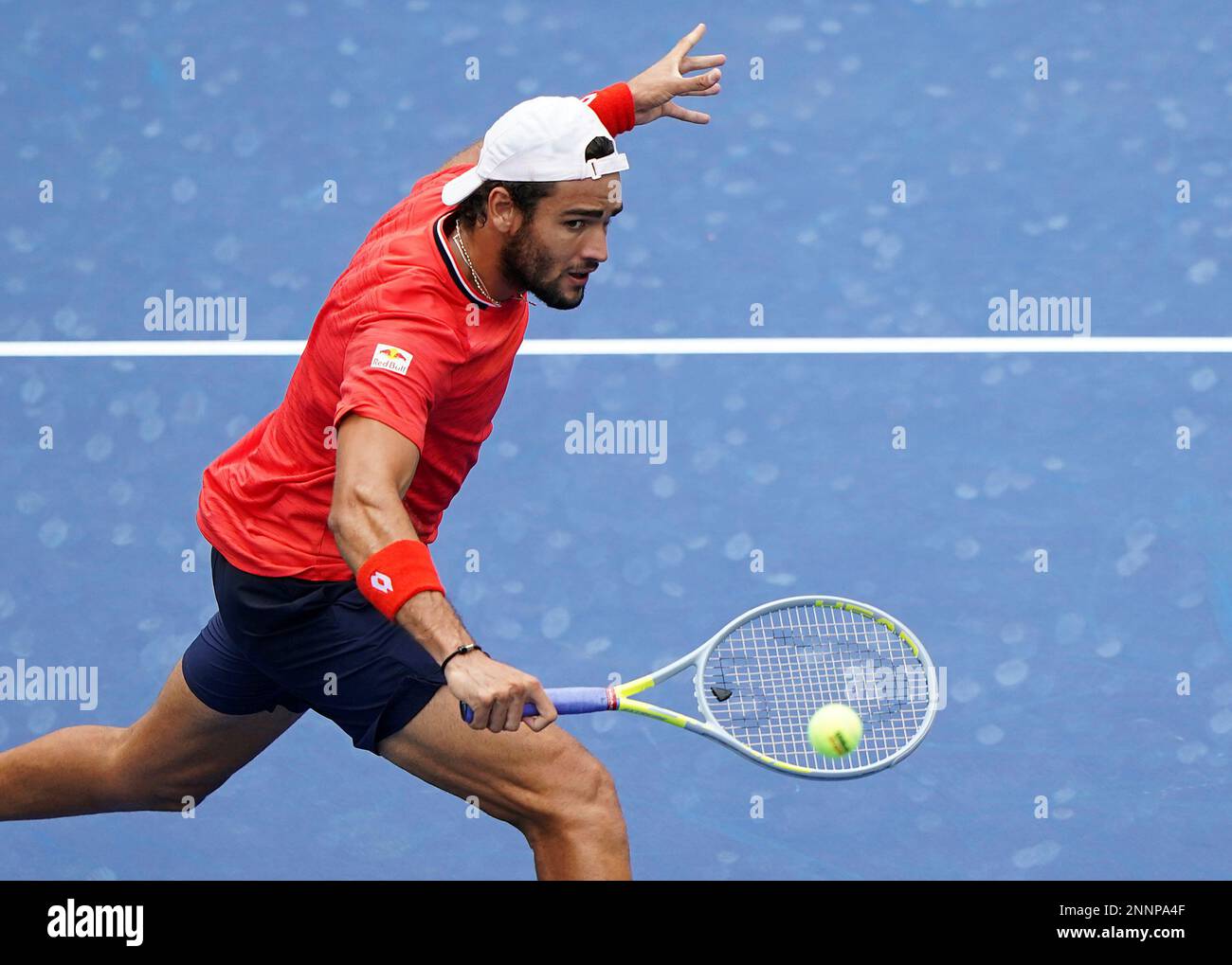 Matteo Berrettini in action against Andrey Rublev during a mens singles match at the 2020 US Open, Monday, Sept