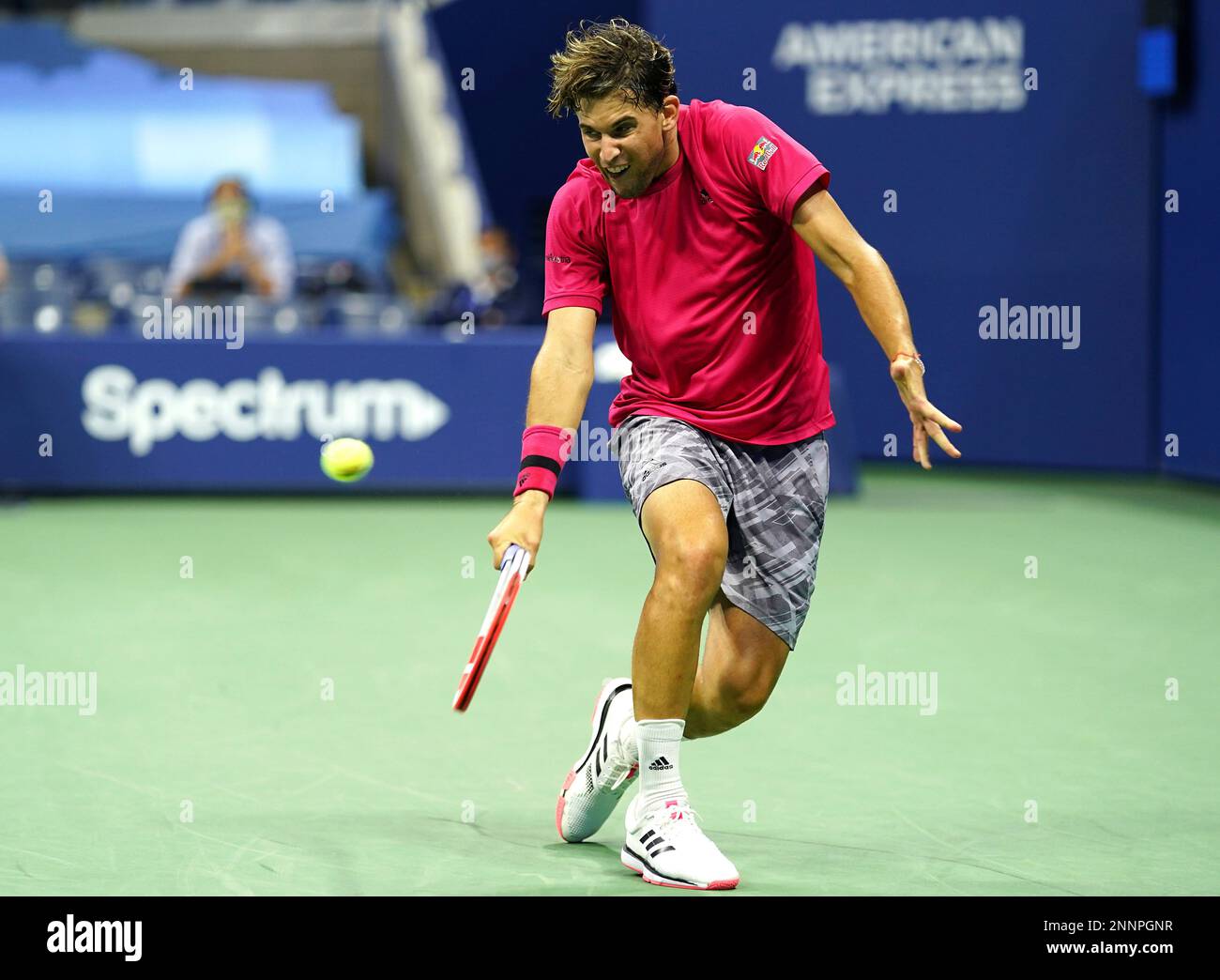 Dominic Thiem in action against Marin Cilic during a mens singles match at the 2020 US Open, Saturday, Sept