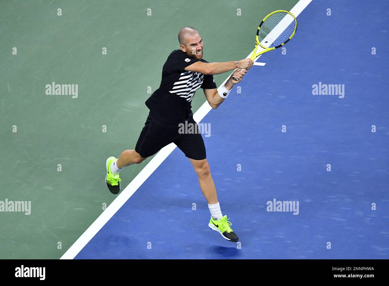 Adrian Mannarino in action against Alexander Zverev during a mens singles match at the 2020 US Open, Friday, Sept