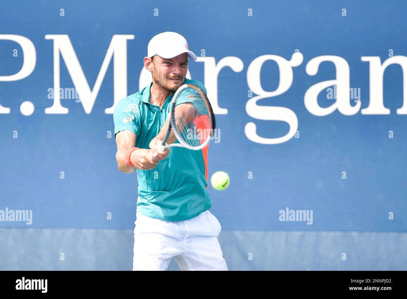 David Goffin in action against Filip Krajinovic during a mens singles match at the 2020 US Open, Friday, Sept