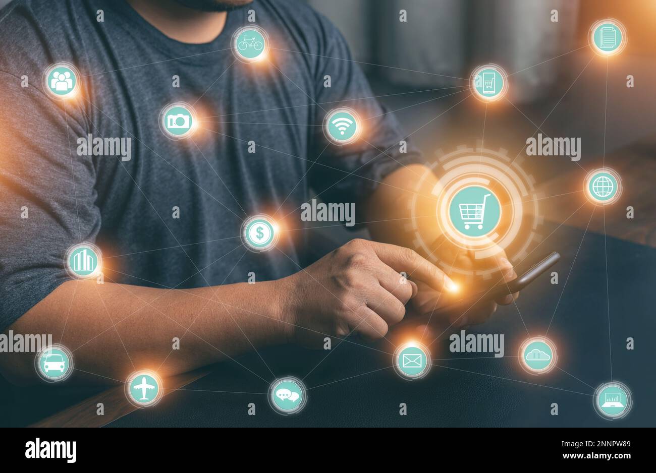 People hands using smartphone and laptop with online banking network icon screen. Online payment digital and shopping online. marketing, financial. Gl Stock Photo