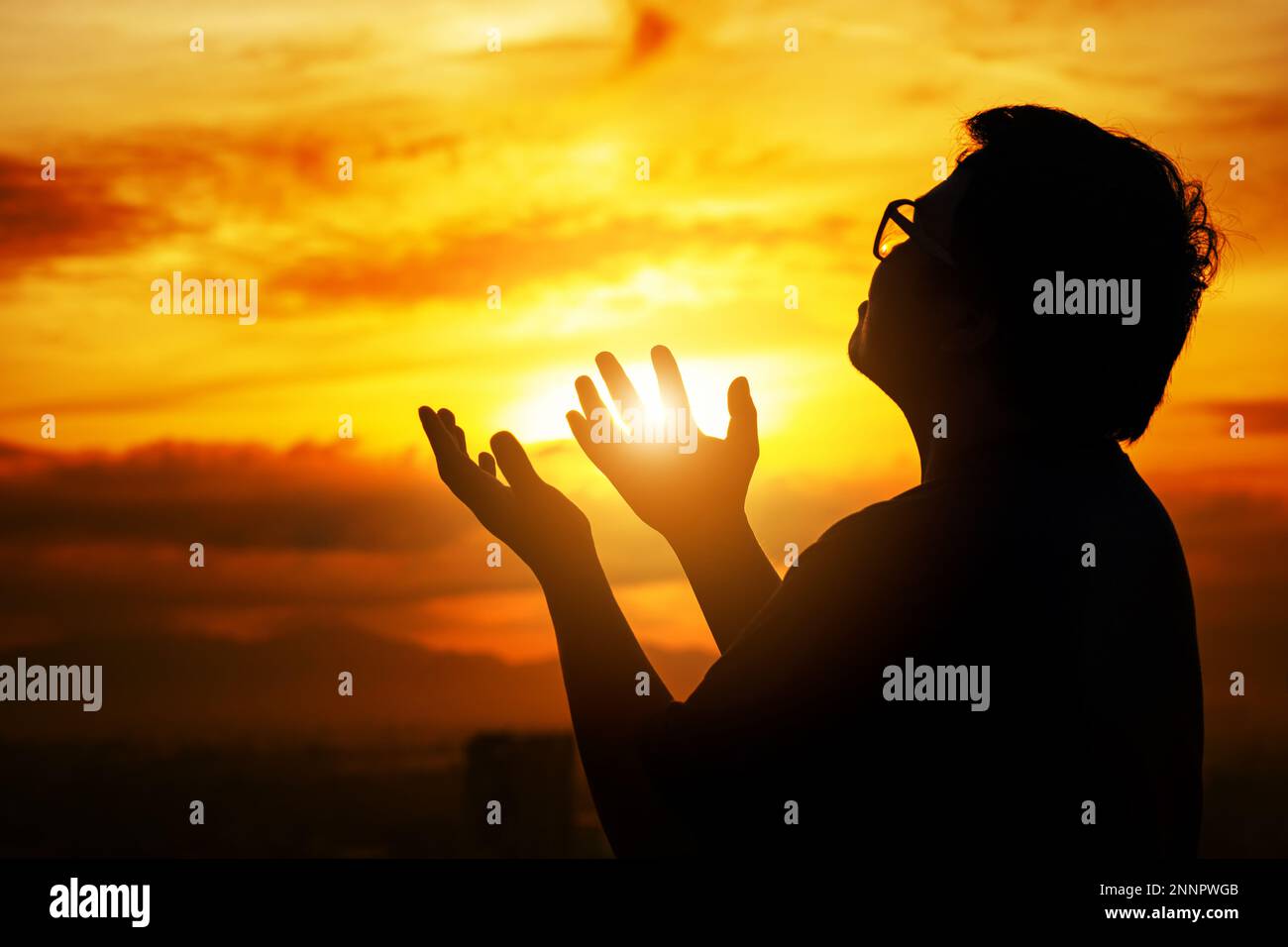 Human hands open palm up worship. Eucharist Therapy Bless God Helping Repent Catholic Easter Lent Mind Pray. Christian Religion concept background. fi Stock Photo