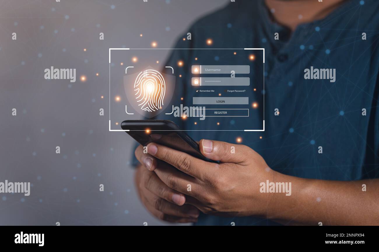 Cyber security and Fingerprint login, User, identification information security and encryption. Technology secure access and connection data. Verify a Stock Photo