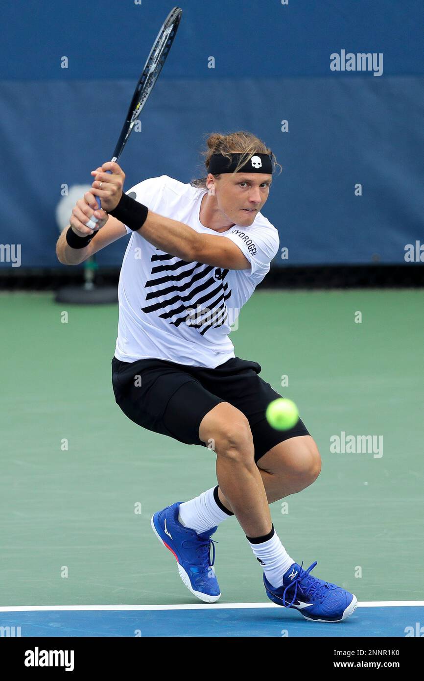 Jozef Kovalik returns a ball during the match between Maxime Cressy vs Jozef Kovalik at the 2020 US Open, Monday, Aug