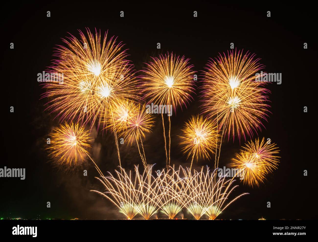 International firework festival Pattaya, Thailand. Beautiful fireworks festival light up the sky during the night. Fireworks Show. Stock Photo