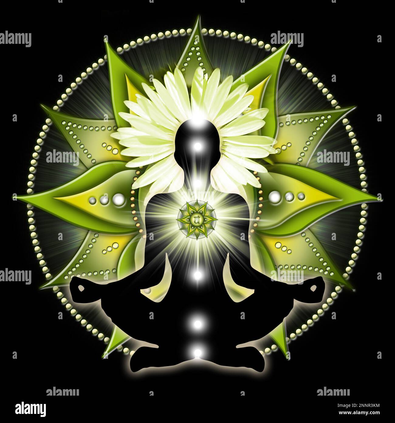 Heart chakra meditation in yoga lotus pose, in front of anahata chakra symbol. Stock Photo